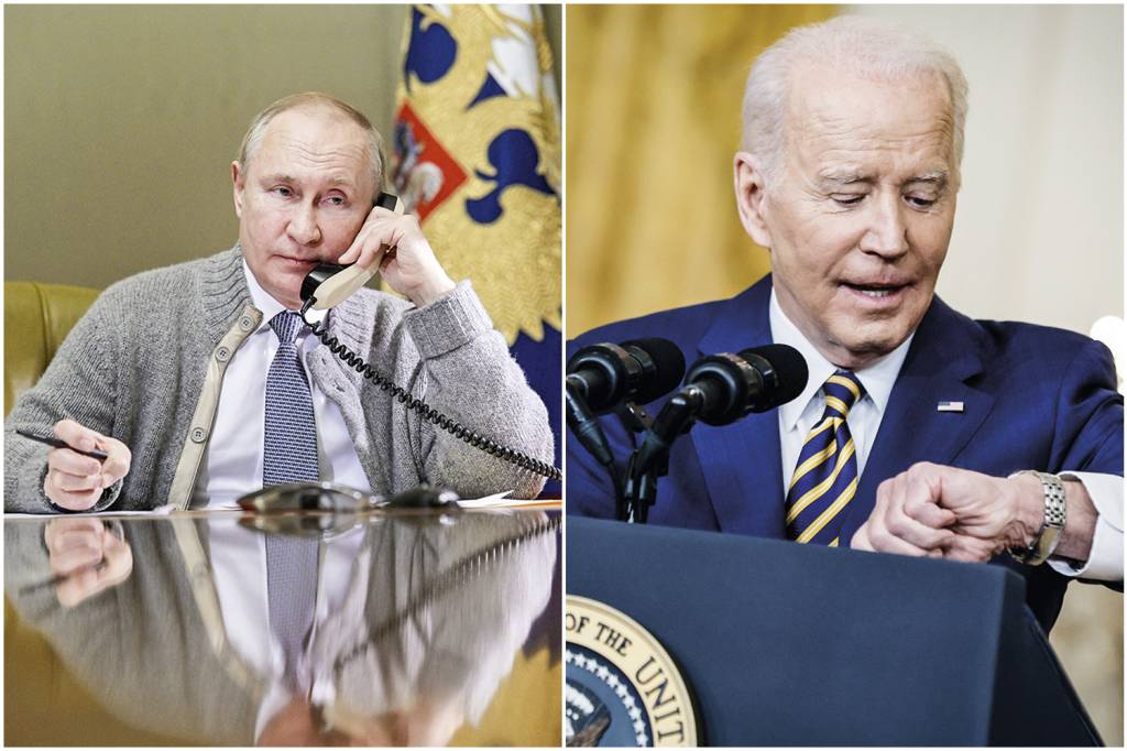 000_9VA6V8.jpg O DUELO DOS PODEROSOS - Putin (à esq.) versus Biden: o presidente americano acena com “sanções jamais vistas” e o russo chama de “histeria” -