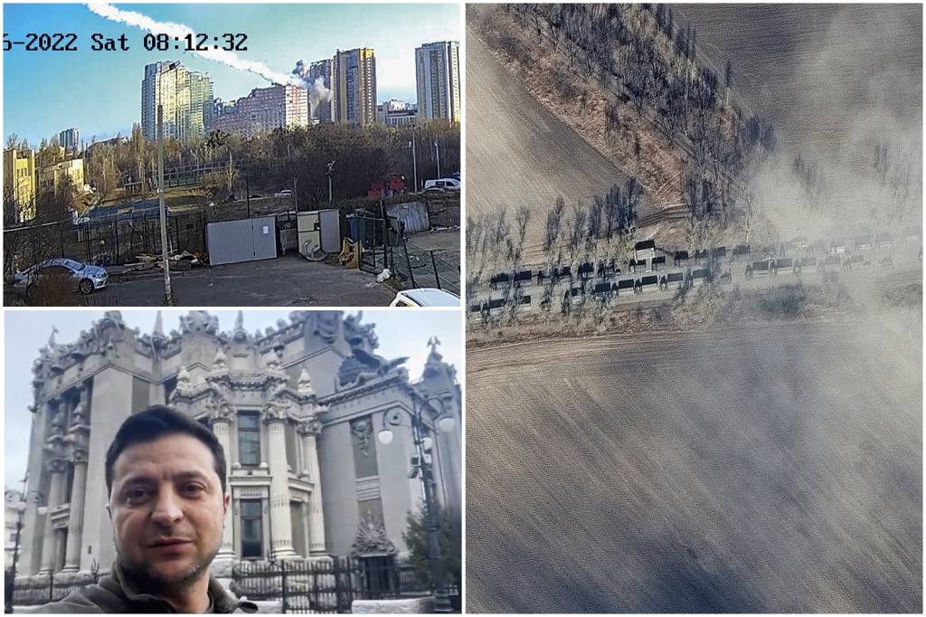 000_32446W3.jpg AÇÃO E REAÇÃO - Ataque a um edifício, veículos russos perto de Kiev e o presidente ucraniano Volodymyr Zelensky: disseminação de imagens como recurso tático -