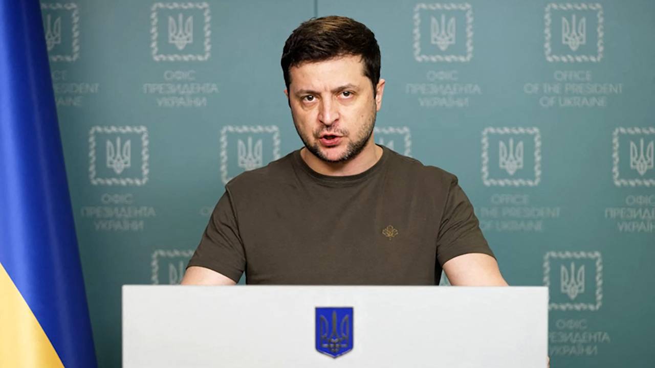 Presidente ucraniano, Volodymyr Zelensky, durante pronunciamento. 04/03/2022