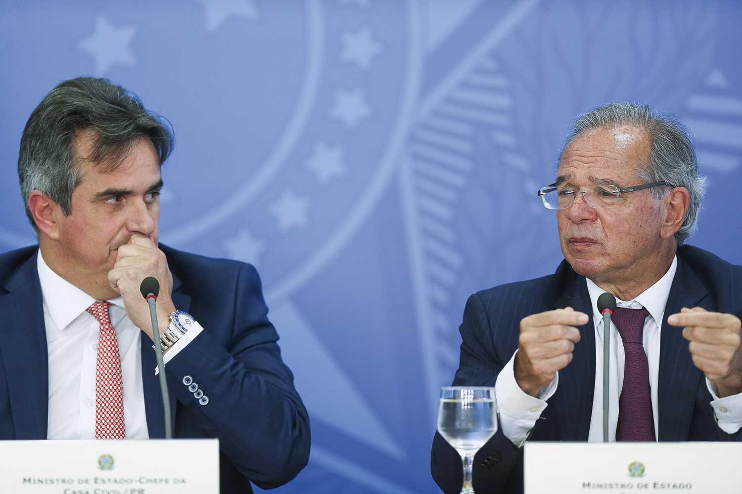 EM CONJUN&Ccedil;&Atilde;O - Os ministros Ciro Nogueira e Guedes: alinhamento em torno da reelei&ccedil;&atilde;o -