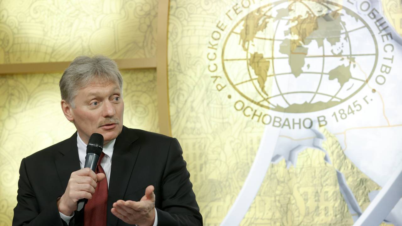 MOSCOW, RUSSIA - FEBRUARY 17, 2022: Dmitry Peskov, Russia's Presidential Spokesman / RGS Media Council Chairman, attends a press conference to start the annual Russian Geographical Society media grant contest. Mikhail Japaridze/TASS (Photo by Mikhail JaparidzeTASS via Getty Images)