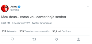tuite anitta Nas redes sociais, Anitta foi criticada ela ausência no Grammy por estar de ressaca