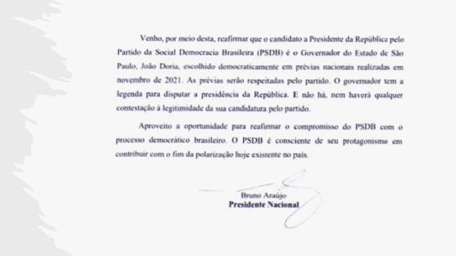 Carta de Bruno Araújo a João Doria 31 03 2022 .