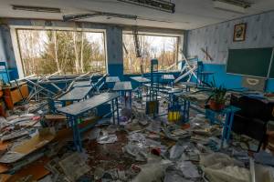 School Damaged By Shelling Russian Army In The Kukhari Village A destroyed classroom inside a school damaged by shelling russian army in the Kukhari village, Ukraine, Kyiv area, Ukraine, April 16, 2022 (Photo by Maxym Marusenko/NurPhoto via Getty Images)