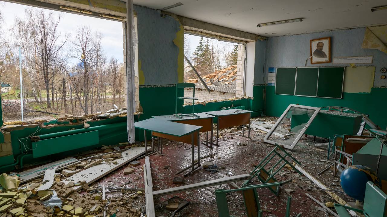 A destroyed classroom inside a school damaged by shelling russian army in the Kukhari village, Ukraine, Kyiv area, Ukraine, April 16, 2022 (Photo by Maxym Marusenko/NurPhoto via Getty Images)