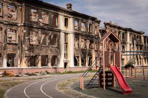 An exterior view of a destroyed school in northeast Kharkiv SOKOLNYKY, KHARKIV, UKRAINE - 2022/04/22: An exterior view of a destroyed school in northeast Kharkiv. A school that used to be occupied by Russian soldiers is now in Ukraine's hands, as Ukrainian troops have recaptured the area. (Photo by Alex Chan Tsz Yuk/SOPA Images/LightRocket via Getty Images)