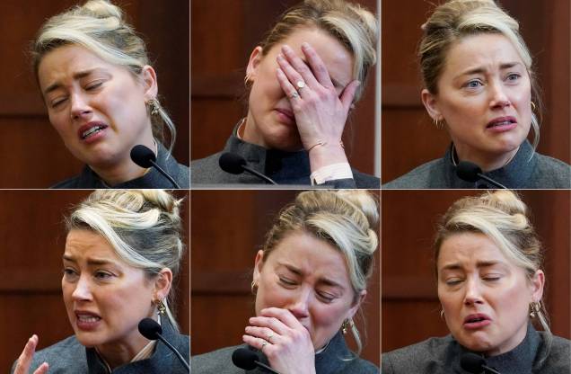 Combinação de fotos da atriz norte-americana Amber Heard testemunhando contra o Ator Johnny Depp, seu ex-marido, no Tribunal do Condado de Fairfax em Fairfax, Virgínia. Combinação de fotos da atriz norte-americana Amber Heard testemunhando contra o Ator Johnny Depp, seu ex-marido, no Tribunal do Condado de Fairfax em Fairfax, Virgínia.