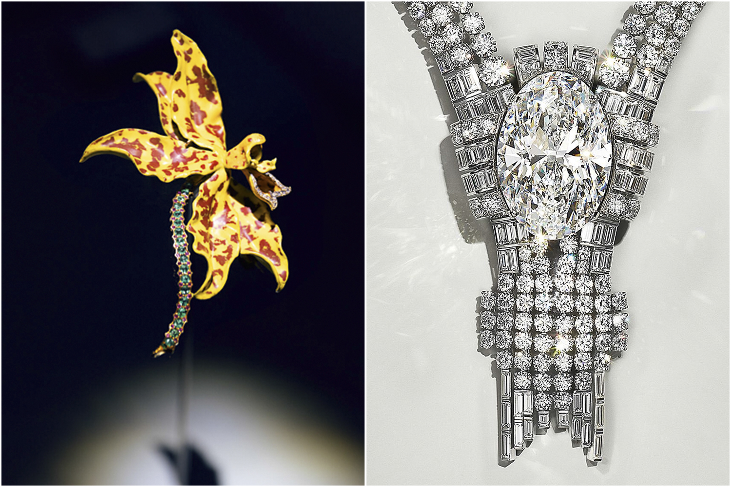 ESTRELAS -&ensp;Joias sem idade: broche reproduzindo uma orqu&iacute;dea olho-de-tigre (&agrave; esq.) e colar com o Diamante Imp&eacute;rio, de 80 quilates, a joia mais cara j&aacute; confeccionada pela joalheria -