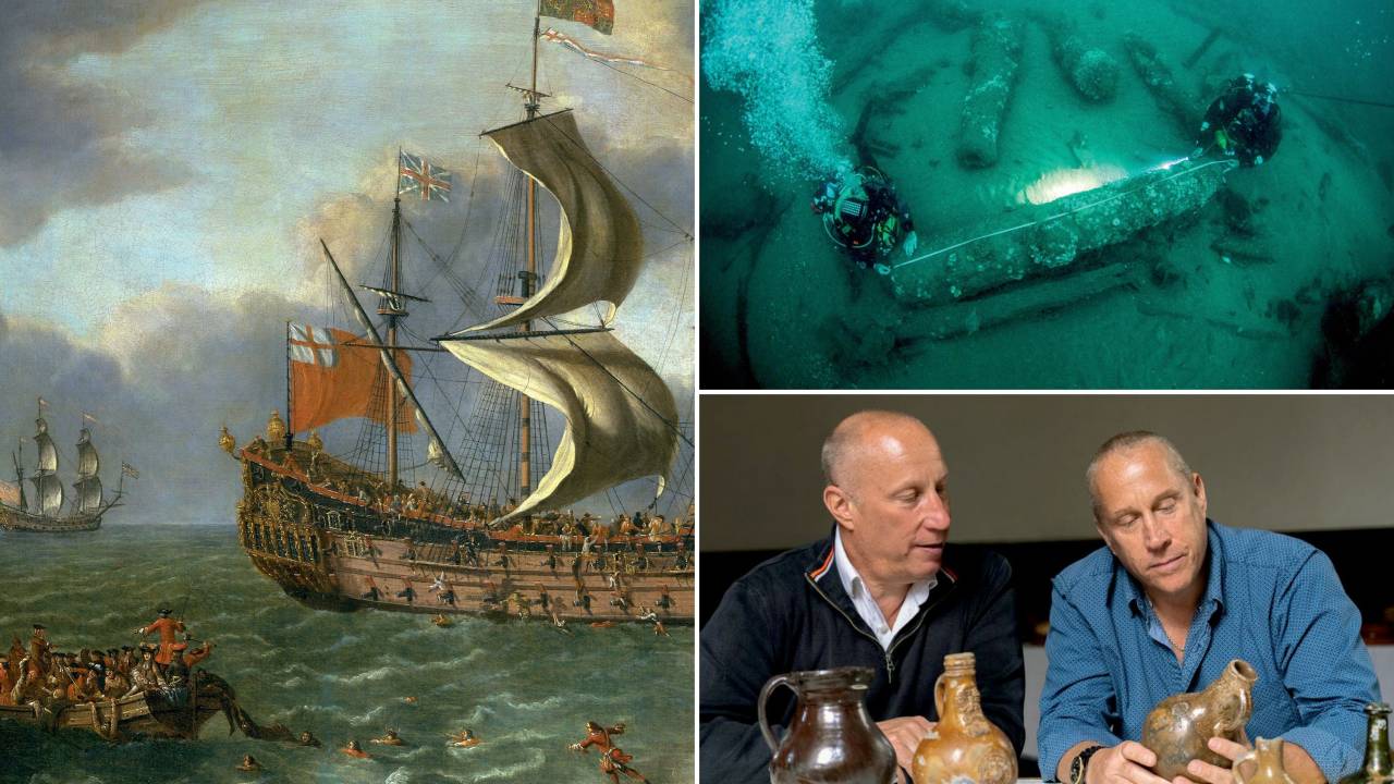 FRAGATA REAL - Relíquias: ao lado, uma pintura retrata o naufrágio histórico. No alto, imagens dos canhões da embarcação. Acima, os irmãos Barnwell e alguns objetos trazidos à tona -
