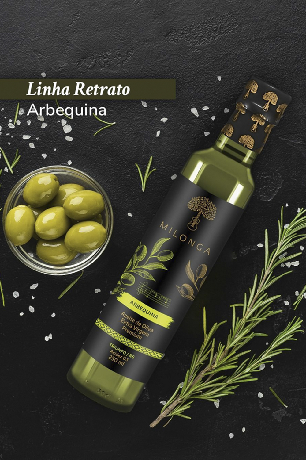 AZEITE-MILONGA—ARBEQUINA.jpg ARBEQUINA MILONGA - Escolhido o melhor monovarietal do Hemisfério Sul, é feito com uma azeitona espanhola que encontrou condições ideais no Brasil -