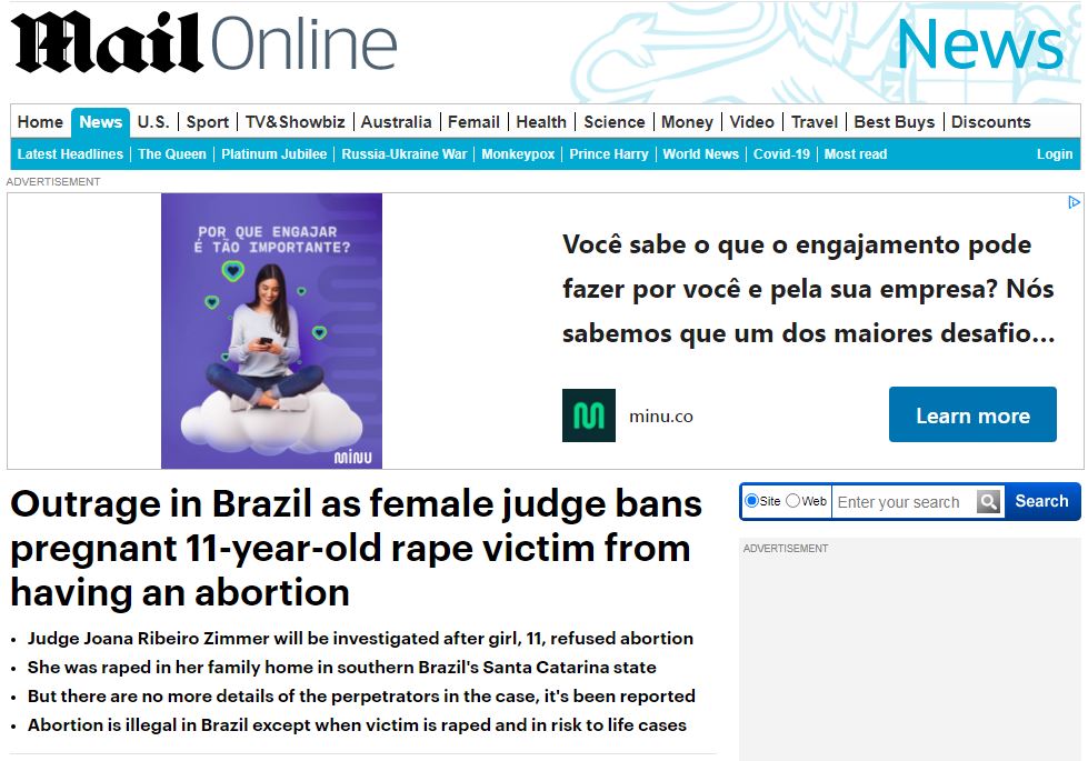 Aborto – Daily Mail Reportagem do jornal britânico 'Daily Mail' sobre a menina que foi estuprada e engravidou aos dez anos de idade