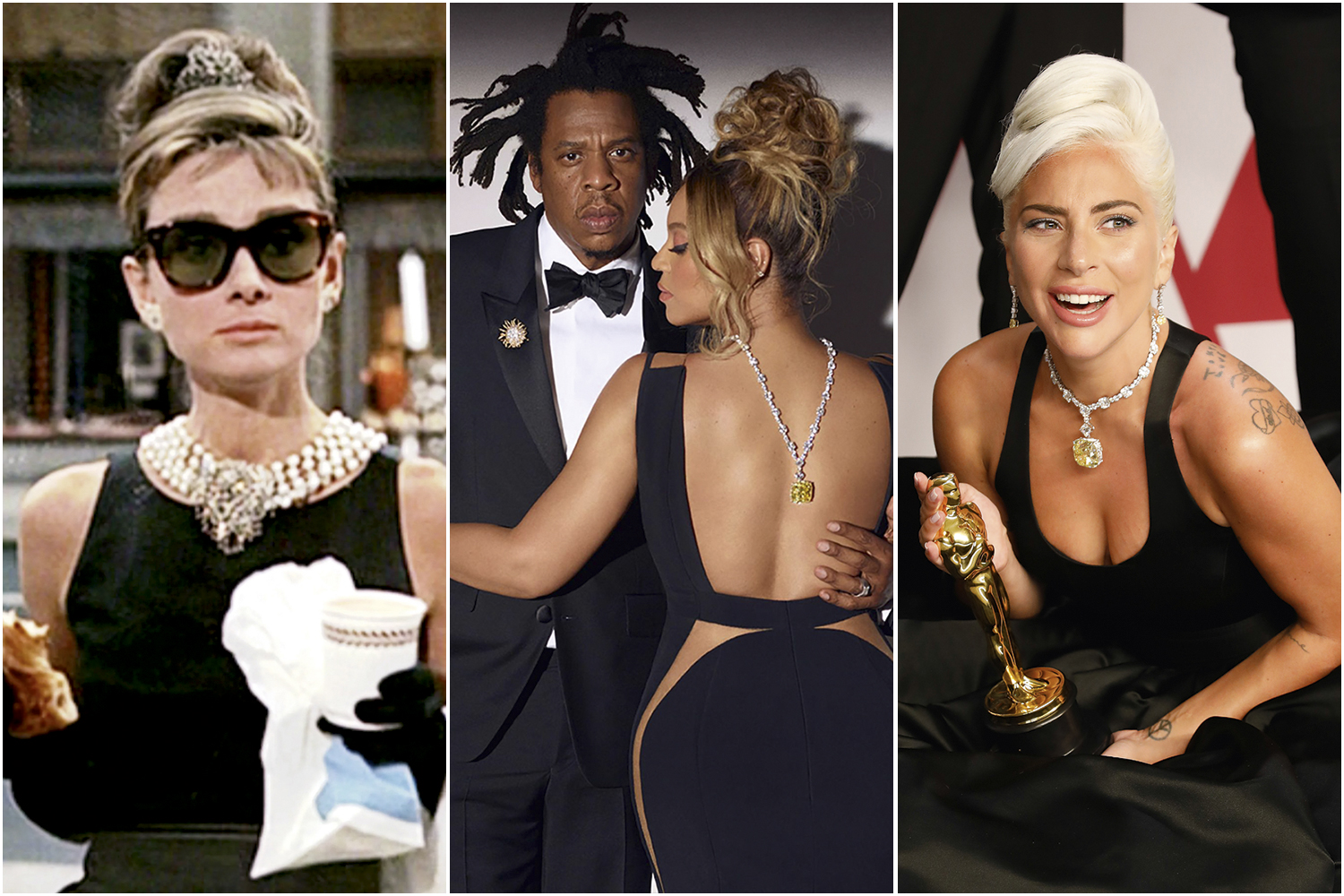 BRILHO -&ensp;A Tiffany encanta famosas: Audrey Hepburn em cena de Bonequinha de Luxo e o c&eacute;lebre diamante amarelo ornando as costas de Beyonc&eacute; e o colo de Lady Gaga -