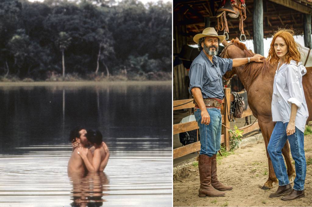 NOVELA-PANTANAL-ORIGINAL—ANOS-90-2.jpg ONTEM E HOJE - Palmeira na trama de 1990 (à esq.) e agora, com Camila Morgado: menos sexo -