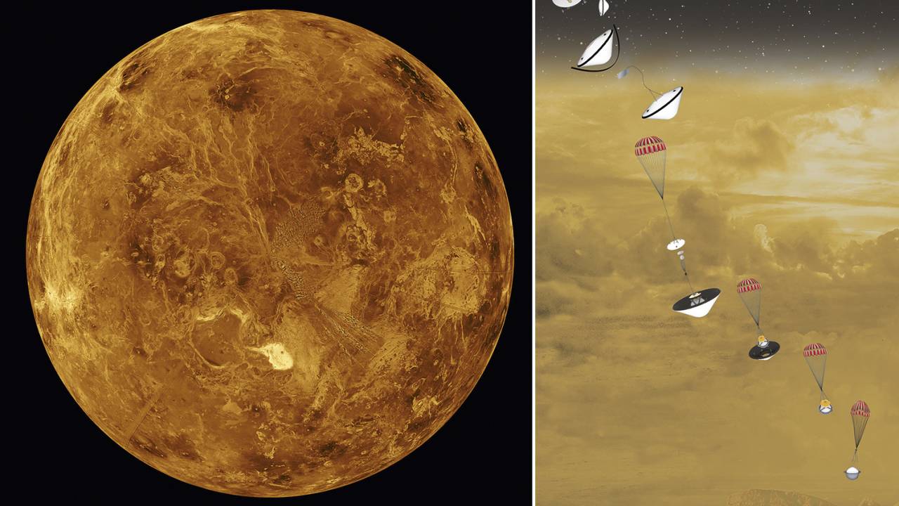 OBJETO VOADOR - Ilustração mostra como será a entrada da sonda DaVinci na inóspita superfície de Vênus (à esq.): o equipamento medirá a composição do ar e investigará se o planeta já teve oceanos -