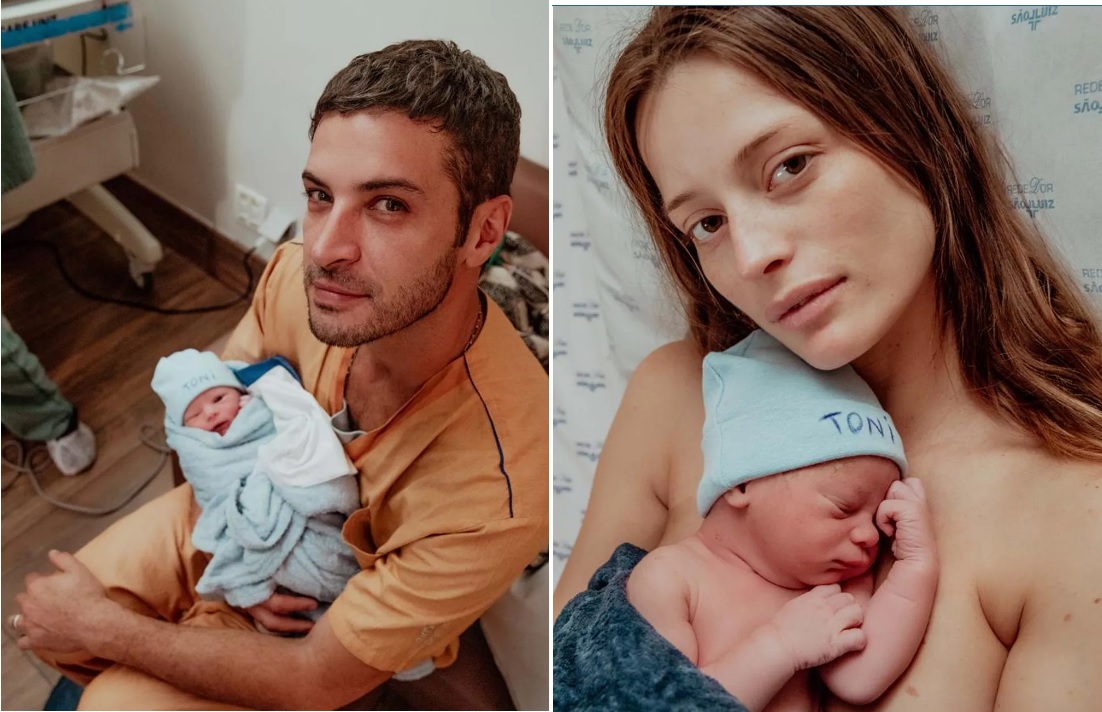 Leandro Lima e a mulher, Flávia, em dois momentos: com Toni no colo