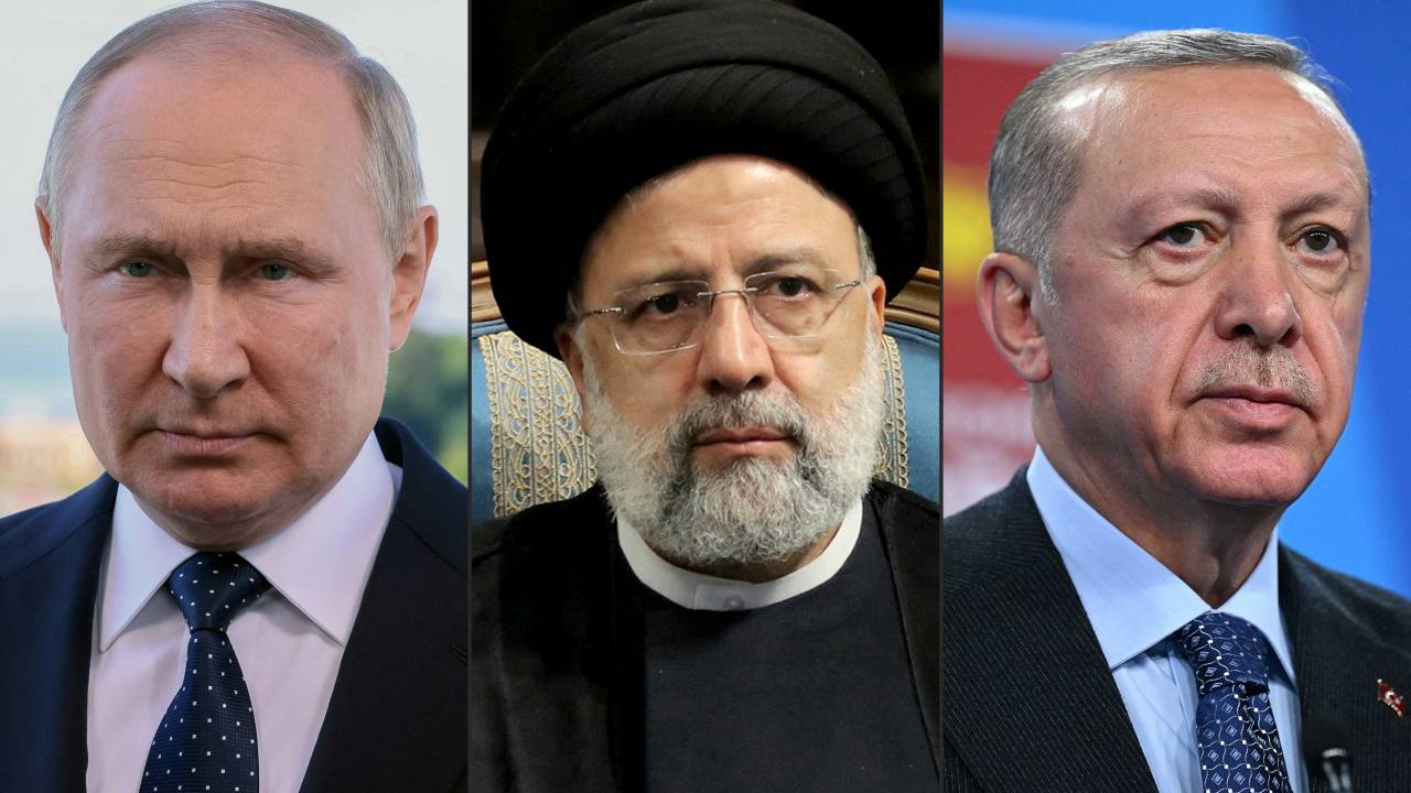 (COMBO) This combination of pictures created on July 17, 2022 showsa file photo taken on June 30, 2022 of Russian President Vladimir Putin delivering a video address to participants of the 10th Saint Petersburg International Legal Forum in Saint Petersburg, a handout picture provided by the Iranian presidency on June 11, 2022, of Iran's President Ebrahim Raisi during a joint statement with Venezuela's president after their meeting in the capital Tehran, and a file photo taken on June 30, 2022 of Turkey's President Recep Tayyip Erdogan addressing media representatives during a press conference at the NATO summit at the Ifema congress centre in Madrid. - With the war in Ukraine still raging, Russian President Vladimir Putin travels on July 19, 2022, to Tehran for talks with his Iranian and Turkish counterparts on the Syria conflict. (Photo by Mikhail Metzel and GABRIEL BOUYS / various sources / AFP) / === RESTRICTED TO EDITORIAL USE - MANDATORY CREDIT "AFP PHOTO / HO / IRANIAN PRESIDENCY" - NO MARKETING NO ADVERTISING CAMPAIGNS - DISTRIBUTED AS A SERVICE TO CLIENTS ===