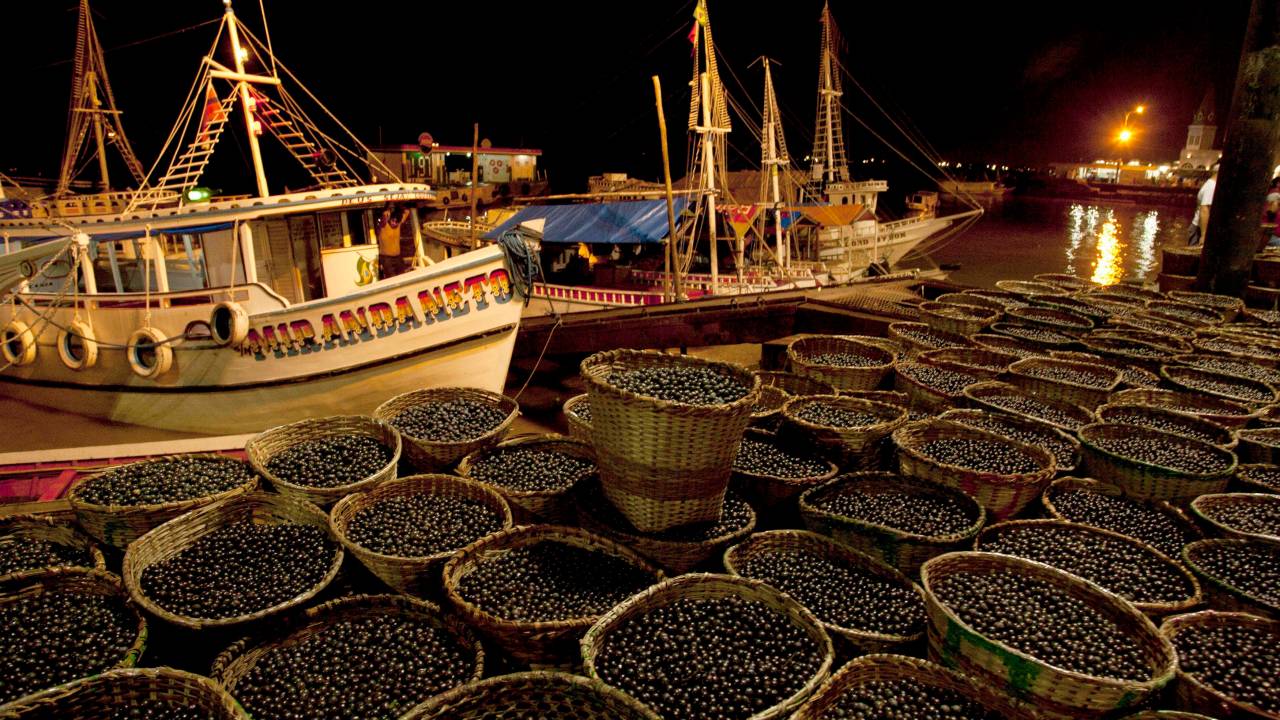 Cestas contendo açaí ficam no cais perto dos barcos que os trouxeram ao mercado Ver-o-Peso em Belém 11 de janeiro de 2012. O mercado Ver-o-Peso é um dos maiores mercados a céu aberto da América Latina, onde comerciantes de todo o Pará Estado vendem produtos amazônicos que vão de frutas a plantas medicinais. A cidade de Belém, localizada na foz do rio, com mais de 2,3 milhões de habitantes na região metropolitana e suas 39 ilhas, segundo o último censo, completa 396 anos no dia 12 de janeiro. REUTERS/Paulo Santos (BRASIL - Tags: AMBIENTE DE VIAGEM)