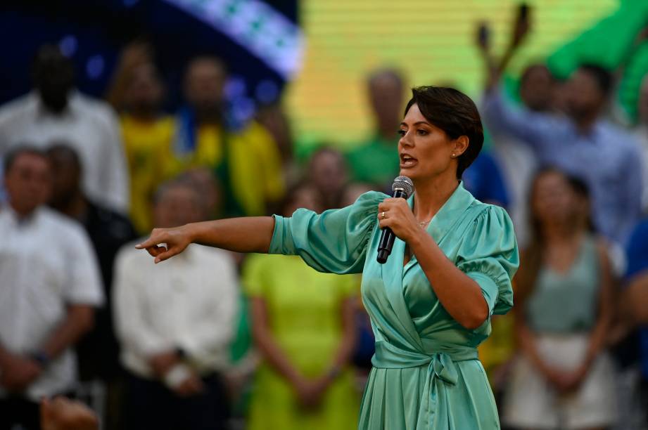 A primeira-dama Michelle Bolsonaro, durante o lançamento da candidatura à reeleição de Jair Bolsonaro -