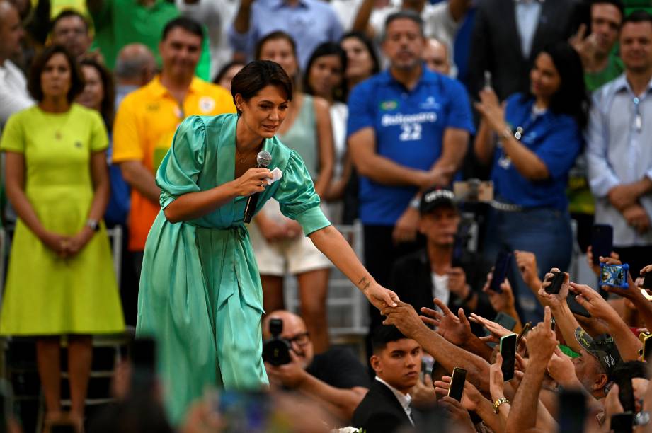 A primeira-dama Michelle Bolsonaro, durante o lançamento da candidatura à reeleição de Jair Bolsonaro -