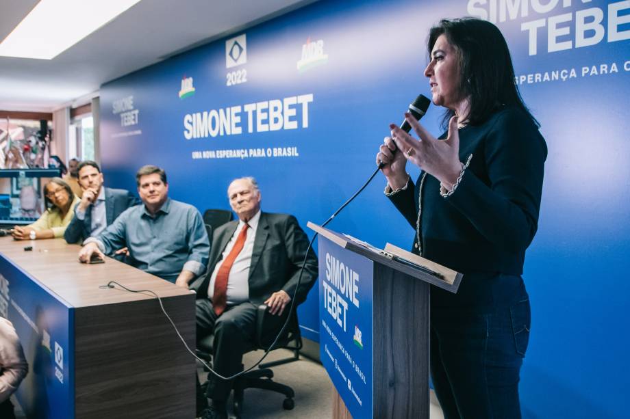 Simone Tebet durante o lançamento oficial de sua candidatura para presidente da república pelo MDB. Brasília, 27/07/2022.