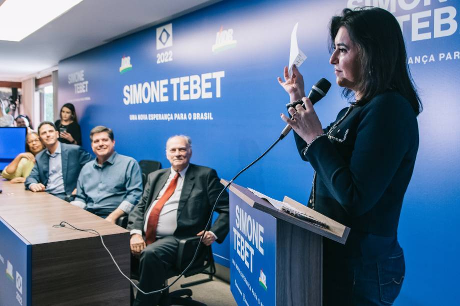 Simone Tebet no lançamento nacional de sua candidatura `a presidente da república pelo MDB, em Brasília, 27/07/2022.