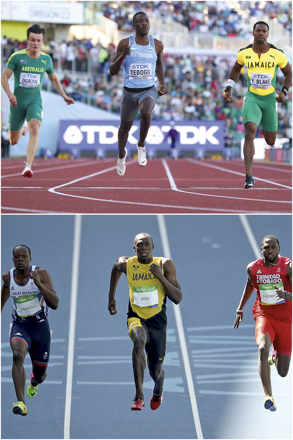 GettyImages-1409001302.jpg2 SEMELHANÇAS - Tebogo e Bolt: a supremacia evidente em relação aos adversários os autoriza a celebrar antes da linha -