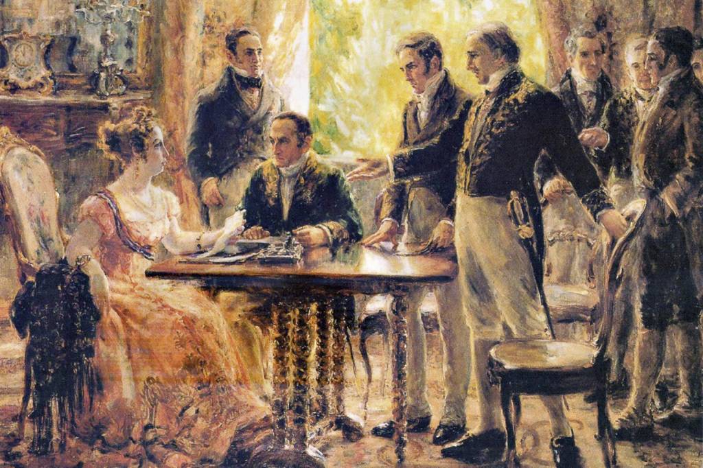Sessão-do-Conselho-de-Estado-Maria-Leopoldina-regent.jpg INTERLOCUTOR - José Bonifácio (à dir., em pé) no Conselho de Estado, no Rio: com Leopoldina -