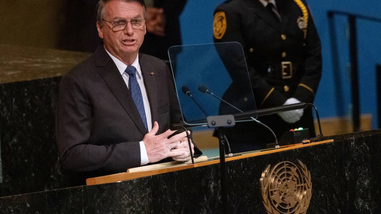 Brazilian President Jair Bolsonaro addresses the 77th session of the United Nations General Assembly at UN headquarters in New York City on September 20, 2022. (Photo by Yuki IWAMURA / AFP)