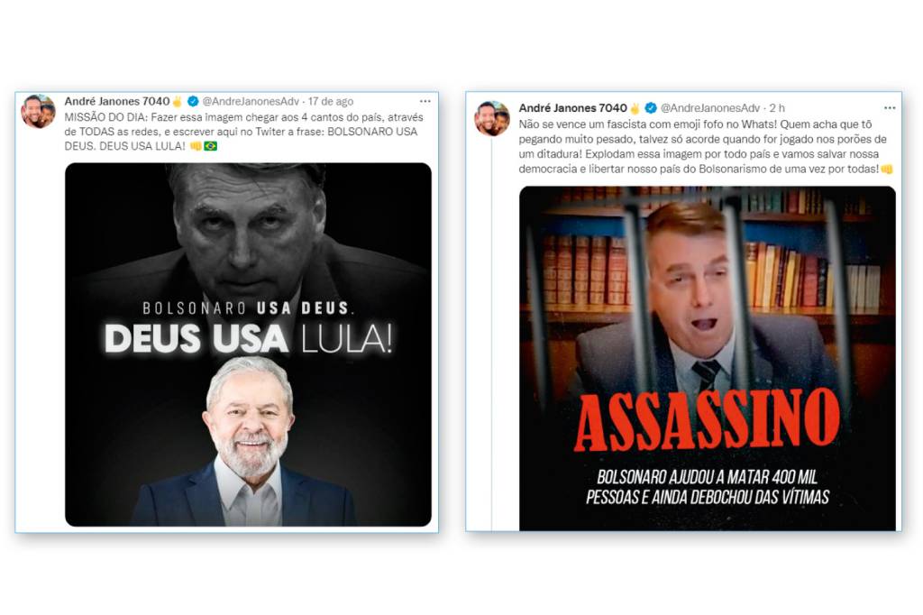 Arte-Janones NO MUNDO VIRTUAL - Posts de André Janones no Twitter: uso de xingamentos, notícias falsas e acusações sem prova contra os adversários -