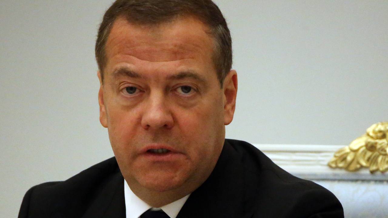 MOSCOW, RUSSIA - SEPTEMBER 20: (RUSSIA OUT) Russian Security Council Deputy Chairman and former President Dmitry Medvedev smiles during a meeting on the military-industrial complex at the Kremlin, September 20, 2022, in Moscow, Russia. Russian President Putin on Tuesday blasted what he described as U.S. efforts to preserve its global domination, saying they are doomed to fail. (Photo by Contributor/Getty Images)