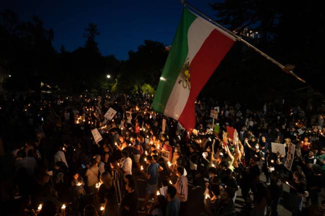 Iranian protest in Berkeley, California BERKELEY, CA - SEPTEMBER 23: Almost a thousand of people are gathered outside of Wheeler Hall Auditorium of UC Berkeley in California, United States on September 23, 2022 to protest Iranian government after the death of a 22-year-old Mahsa Amini under custody in Tehran, Iran. (Photo by Tayfun Coskun/Anadolu Agency via Getty Images)
