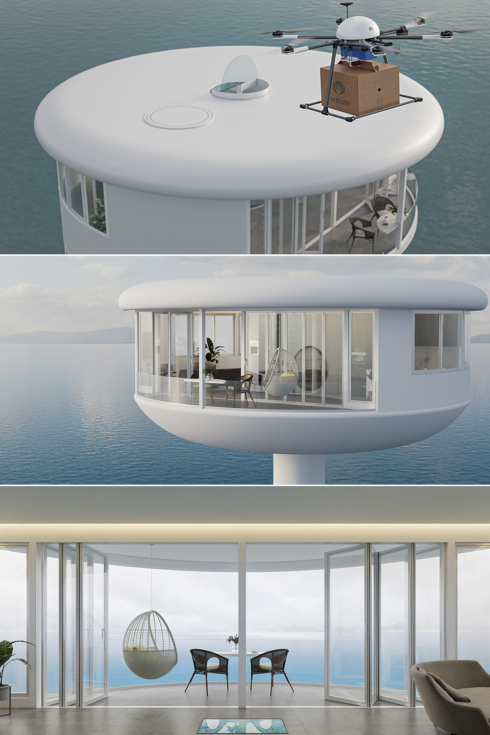 OCEAN-BUILDERS-CASA-NO-MAR-DRONE-ENTREGA-2022-01.png LUXO GARANTIDO - Serviços e conforto inigualável: o projeto prevê local de pouso para drones entregarem pedidos em domicílio (acima) e varanda panorâmica a emoldurar a ampla sala de estar debruçada no azul marinho -