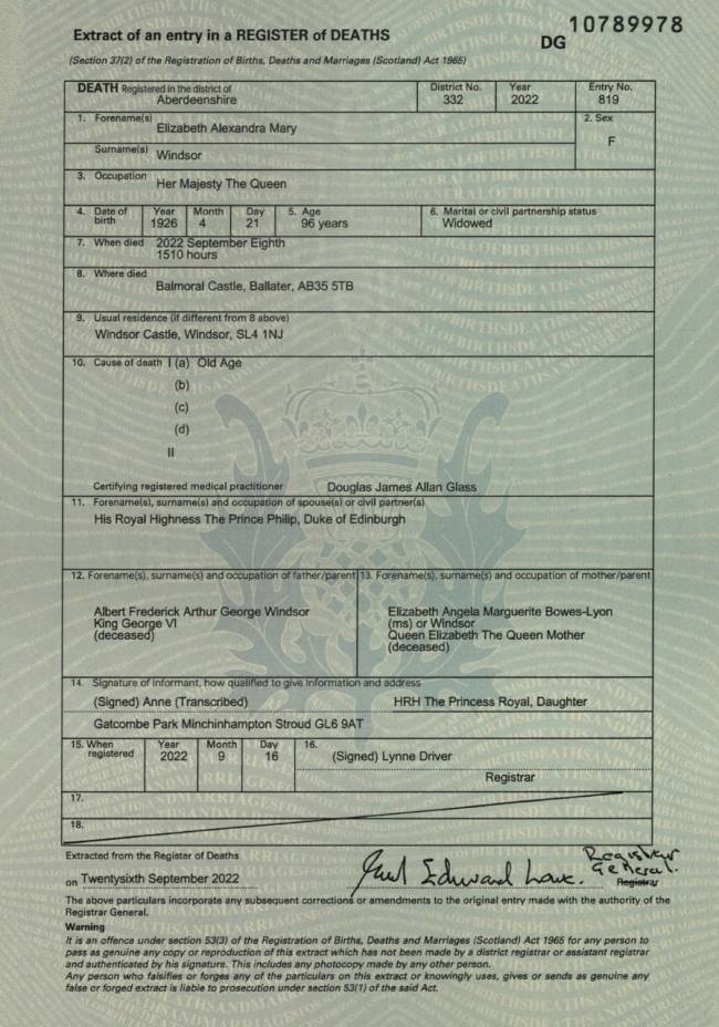 certidao-obito-rainha-elizabeth Na certidão de óbito completa da rainha Elizabeth II, a causa de morte consta como 'velhice' - 29/09/2022