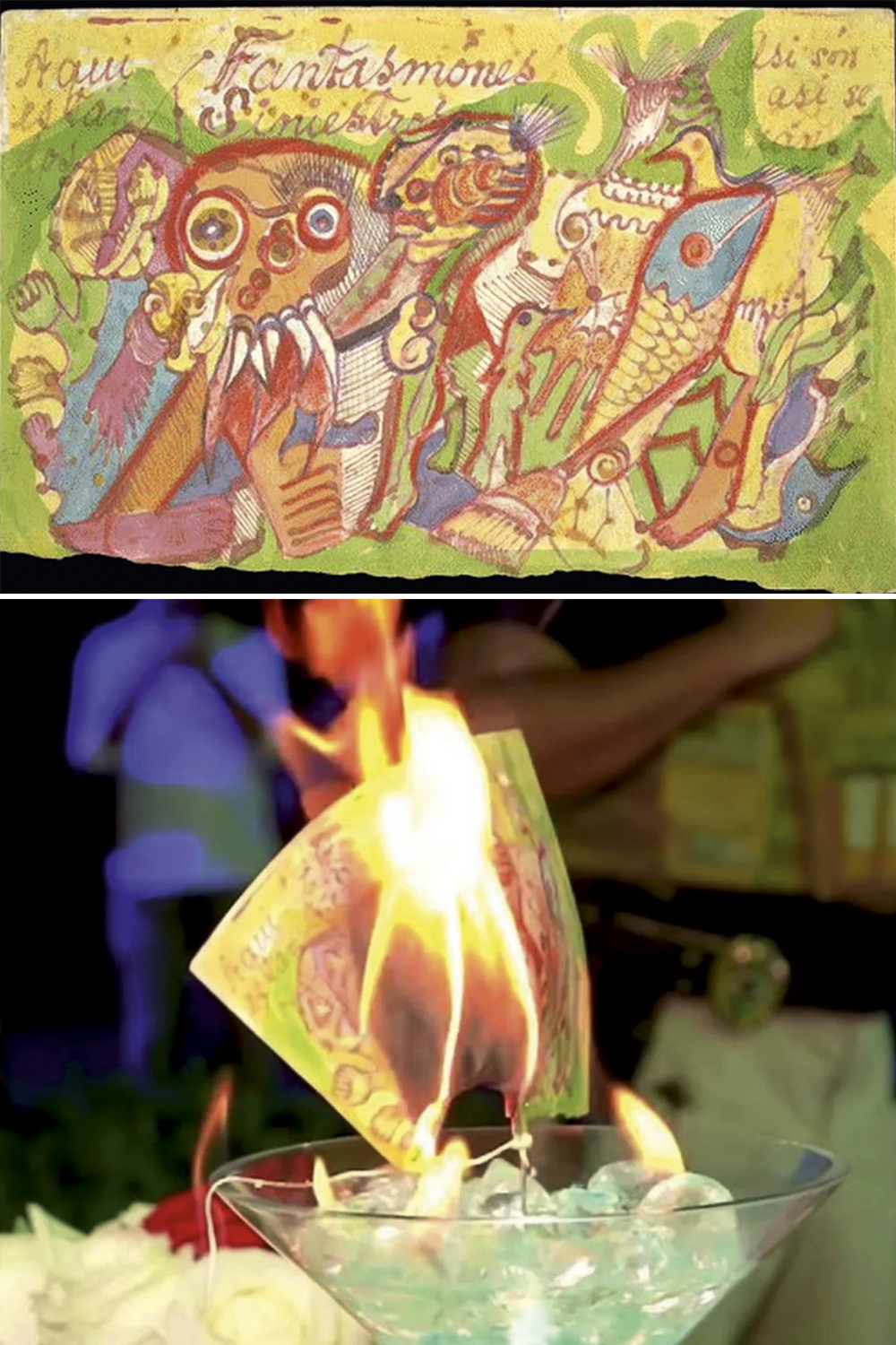 FRIDA—antes-incendiada-a.jpg CÁLICE DE FOGO - O desenho Fantasmones Siniestros, de Frida Kahlo (acima), e sua destruição nas chamas: a polícia mexicana investiga se a obra é autêntica — e pode punir autores da bizarra performance -