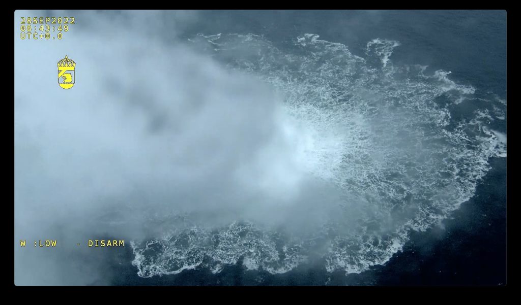 AT SEA, SWEDEN - SEPTEMBER 30: (----EDITORIAL USE ONLY - MANDATORY CREDIT - "SWEDISH COAST GUARD / HANDOUT" - NO MARKETING NO ADVERTISING CAMPAIGNS - DISTRIBUTED AS A SERVICE TO CLIENTS----) A screen grab from Danish Defense shows a gas leak causes bubbles on the surface of the water at Sea in Sweden on September 30, 2022. A fourth leak was reported Thursday in the Nord Stream gas pipelines off the coast of Sweden, authorities said. "There are two emissions in the Swedish economic zone, a larger one at Nord Stream 1 and a smaller one at Nord Stream 2," the Swedish Coast Guard said in a press statement. (Photo by Swedish Coast Guard Handout /Anadolu Agency via Getty Images)