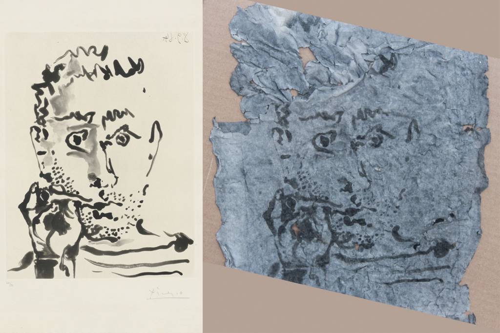THE-BURNED-PICASSO—antes.jpg VAI UM PICASSO TOSTADO - Intitulada Fumeur V, a gravura do pintor espanhol foi incendiada por um grupo anônimo que queria “eternizá-la” no metaverso. Rebatizada de O Picasso Queimado, a obra é agora exposta virtualmente, mas sua destruição física ainda escandaliza marchands e curadores -