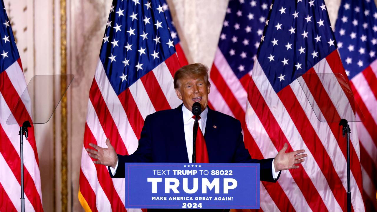 Former US President Donald Trump speaks at the Mar-a-Lago Club in Palm Beach, Florida, on November 15, 2022. - Donald Trump pulled the trigger on a third White House run on November 15, setting the stage for a bruising Republican nomination battle after a poor midterm election showing by his hand-picked candidates weakened his grip on the party. Trump filed his official candidacy papers with the US election authority moments before he was due to publicly announce his candidacy. (Photo by ALON SKUY / AFP)
