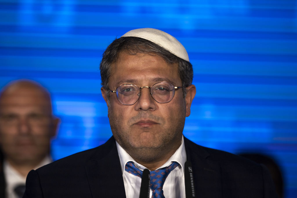 JERUSALEM - NOVEMBER 02: Leader of Israel's Otzma Yehudit (Jewish Power) far-right party Itamar Ben Gvir makes a speech following the Israelâs general elections in Eastern Jerusalem on November 02, 2022. Israeli polling stations closed after seeing the highest voter turnout for general elections since 1999, according to electoral authorities. (Photo by Mostafa Alkharouf/Anadolu Agency via Getty Images)