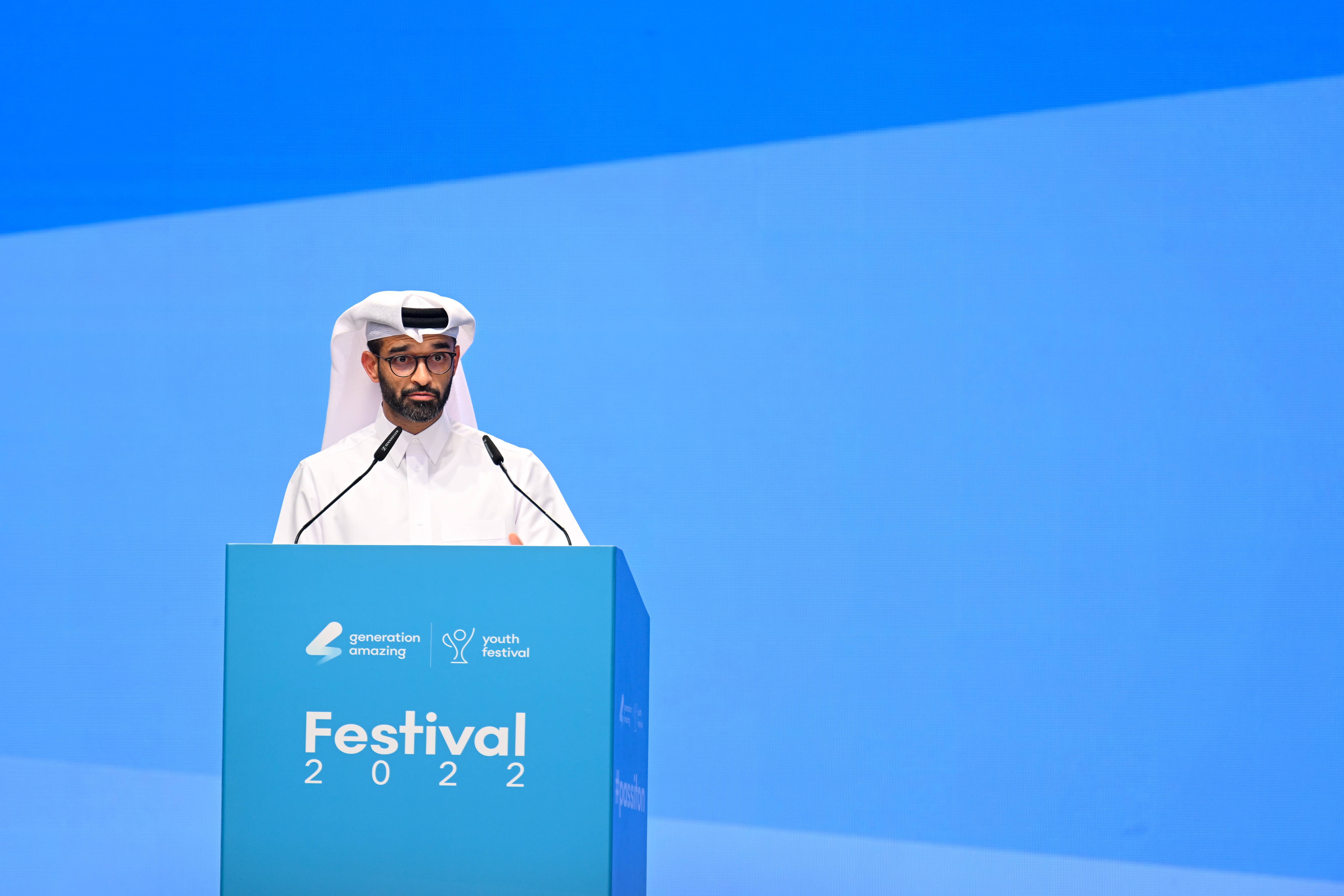 DOHA, QATAR - NOVEMBER 17: Secretary General of the Supreme Committee for Delivery and Legacy Hassan Al Thawadi on stage during the Generation Amazing Fourth Annual Youth Festival 2022 at Oxygen Park on November 17, 2022 in Doha, Qatar. (Photo by Harold Cunningham - FIFA/FIFA via Getty Images)