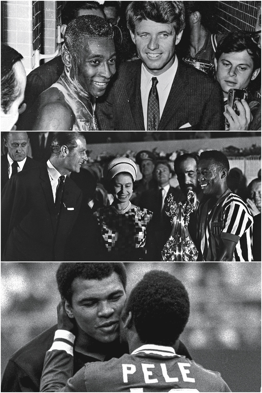 ALTA-GettyImages-1578414.jpg_1 CIDADÃO DO MUNDO - Encontros: com Bob Kennedy em 1965, mal saído do banho nos vestiários do Maracanã; com a rainha Elizabeth; e, no jogo de despedida, em 1977, pelo Cosmos, o beijo em Muhammad Ali, o único atleta cuja fama poderia ser comparada -