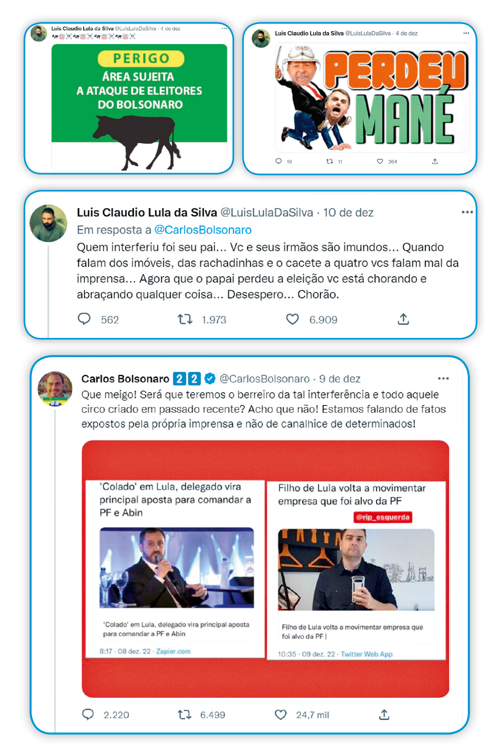 Luis-claudio TIROTEIO JUVENIL - As postagens de Luis Cláudio e Carlos Bolsonaro: montagens grosseiras, ataques e expressões impublicáveis. A diferença mais notória entre os dois herdeiros é o número de seguidores -
