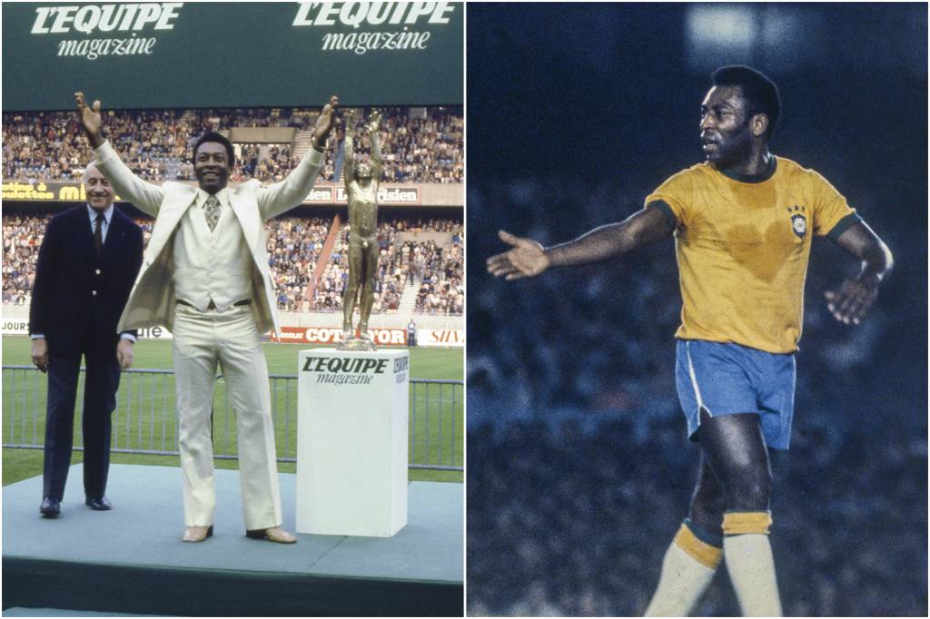Pelé-recebendo-o-troféu-Atleta-do-Século,-do-jornal-L´Equipe..jpg ÚNICO - “O Atleta do Século” eleito pelo jornal francês L’Équipe (à esq.), que “se não nascesse homem, teria nascido bola”, na definição de Armando Nogueira -
