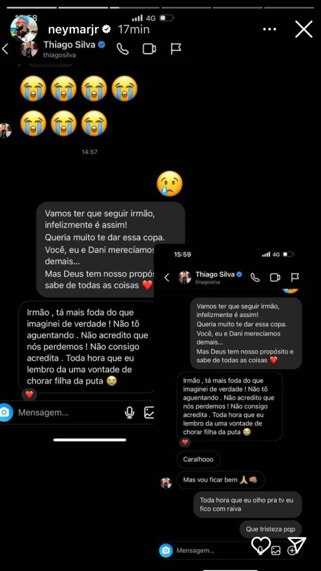 Trecho de conversa de Neymar com Thiago Silva Trecho de conversa de Neymar com Thiago Silva
