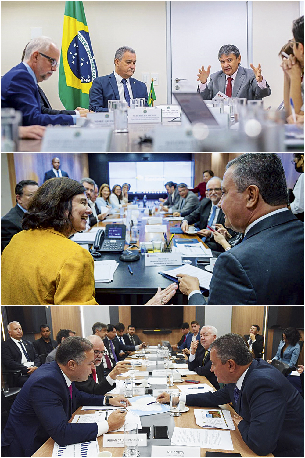 RUI-COSTA-e-WELLINGTON-DIAS—2023-1-b.jpg CORRERIA - Rui Costa, em peregrinação pelos ministérios em busca de boas notícias, conversa com Wellington Dias, Nísia Trindade e Renan Filho (de cima para baixo): excesso de reuniões não resultou até agora em nenhuma agenda positiva -