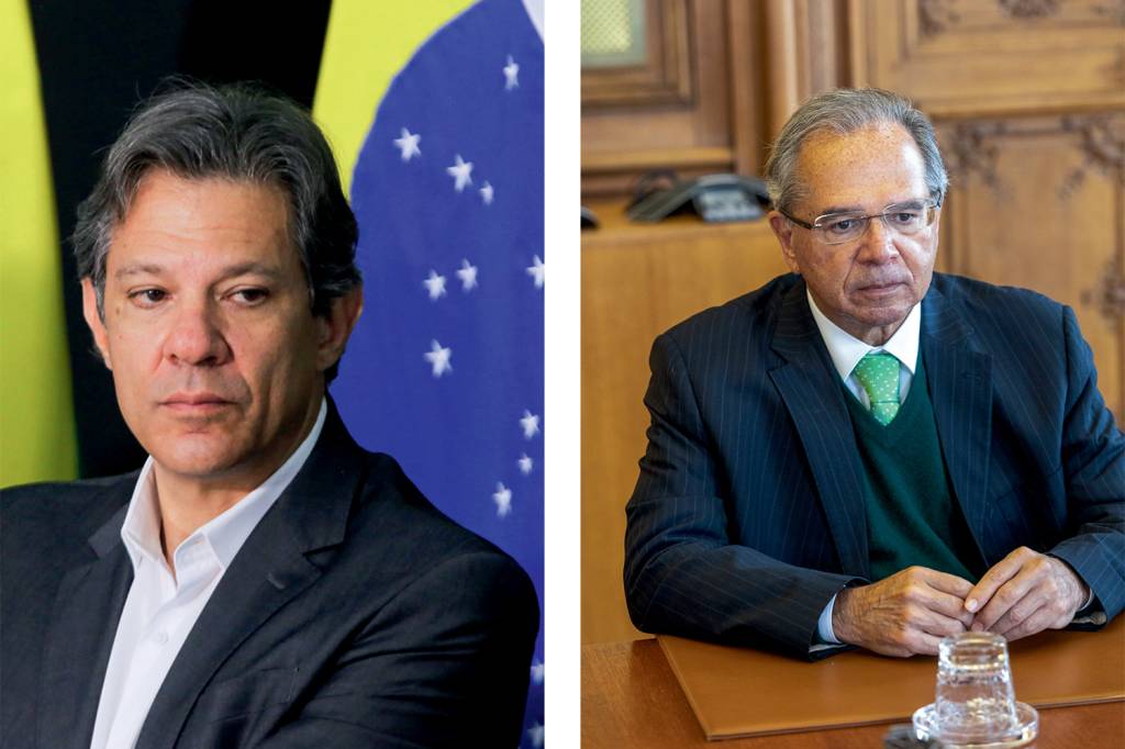 Untitled-1 MAU EXEMPLO - O ministro Haddad (à dir.) e o antecessor Guedes: nova gestão planeja evitar dificuldades encontradas pela anterior -