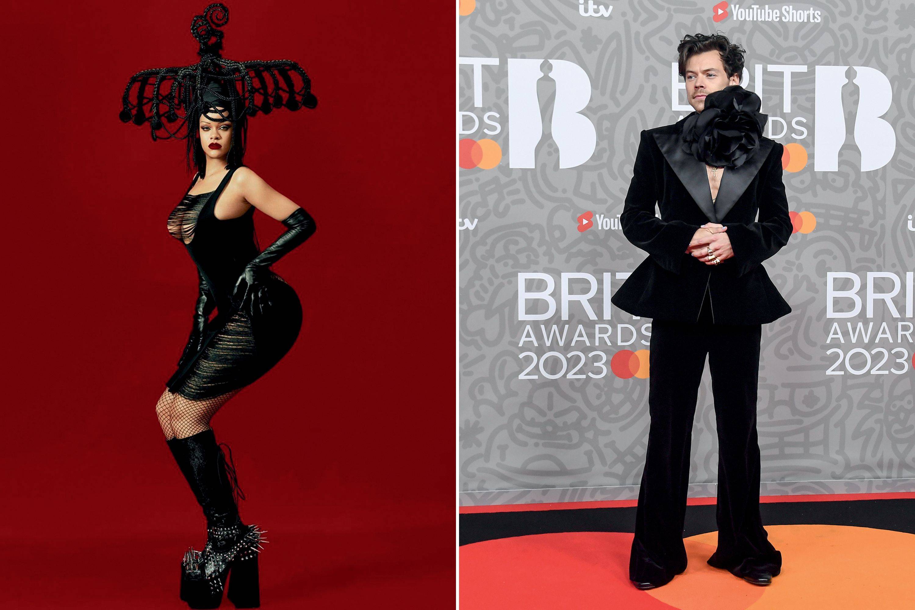 SEGUIDORES - À esq., Rihanna com a bota ultraplataforma do estilista; acima, Harry Styles e seu terno-vestido no Brit Awards: roupas para chamar atenção -