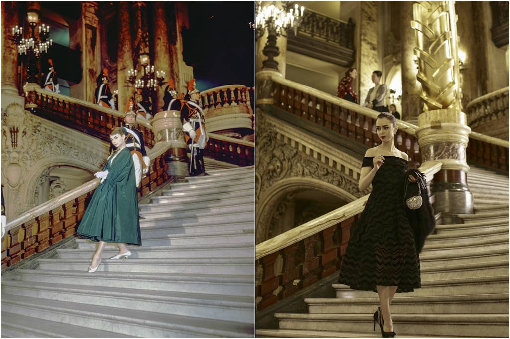 GettyImages-607438652.jpg INSPIRAÇÃO - O original, à esquerda, dos anos 1950, e a homenagem: espelho da personagem da série Emily em Paris