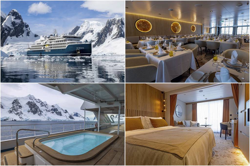 SWAN-HELLENIC—NAVIO-SH-MINERVA-a.jpg LUXO NO GELO - A novas embarcações que levam turistas à Antártica são resistentes para navegar em águas repletas de gelo, mas por dentro parecem hotéis cinco-estrelas. O navio Minerva (acima, à esq.) tem serviço de bordo luxuoso, piscinas, varandas privativas e quartos com temperatura controlada