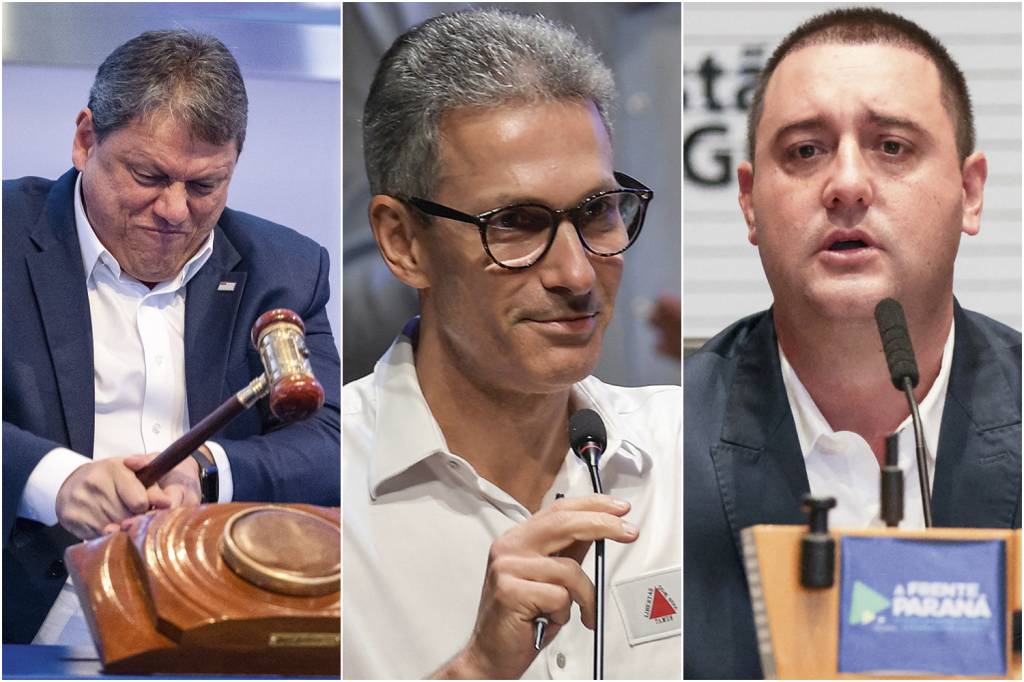 TARCISIO-FREITAS-LEILAO-RODOANEL-2023-1.jpg EM 2026 - Os governadores Tarcísio de Freitas, Romeu Zema e Ratinho Junior: na impossibilidade do ex-presidente, eles são os principais herdeiros do espólio bolsonarista para a próxima eleição