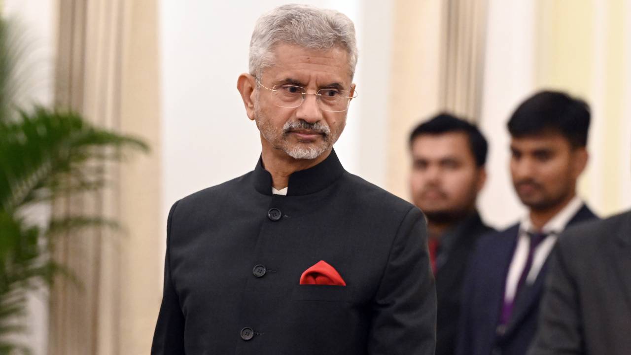 NEW DELHI, INDIA - FEBRUARY 25: Minister of External Affairs S.Jaishankar during the joint press statement at the Hyderabad House, on February 25, 2023 in New Delhi, India. Olaf Scholz arrived today in New Delhi for two-day visit, accompanied by senior officials and a high-powered business delegation. Olaf Scholz said that India has undertaken an enormous leap which is very good for the relations between the two countries. Scholz said that he and Prime Minister Narendra Modi were committed to making a free trade deal between India and the European Union finally happen. (Photo by Sanjeev Verma/Hindustan Times via Getty Images)